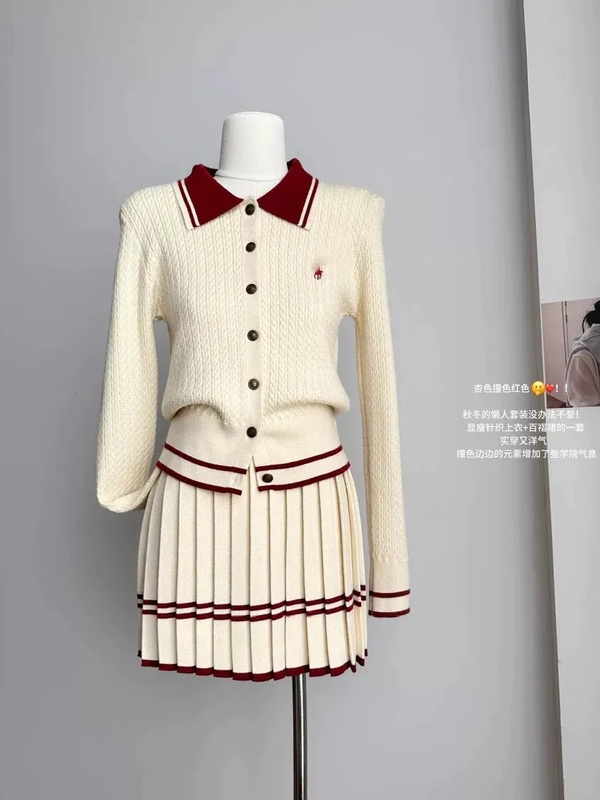 Ah Rou Ree pony embroidery college style sweater suit women autumn and winter polo collar sweater pleated skirt two-piece suit