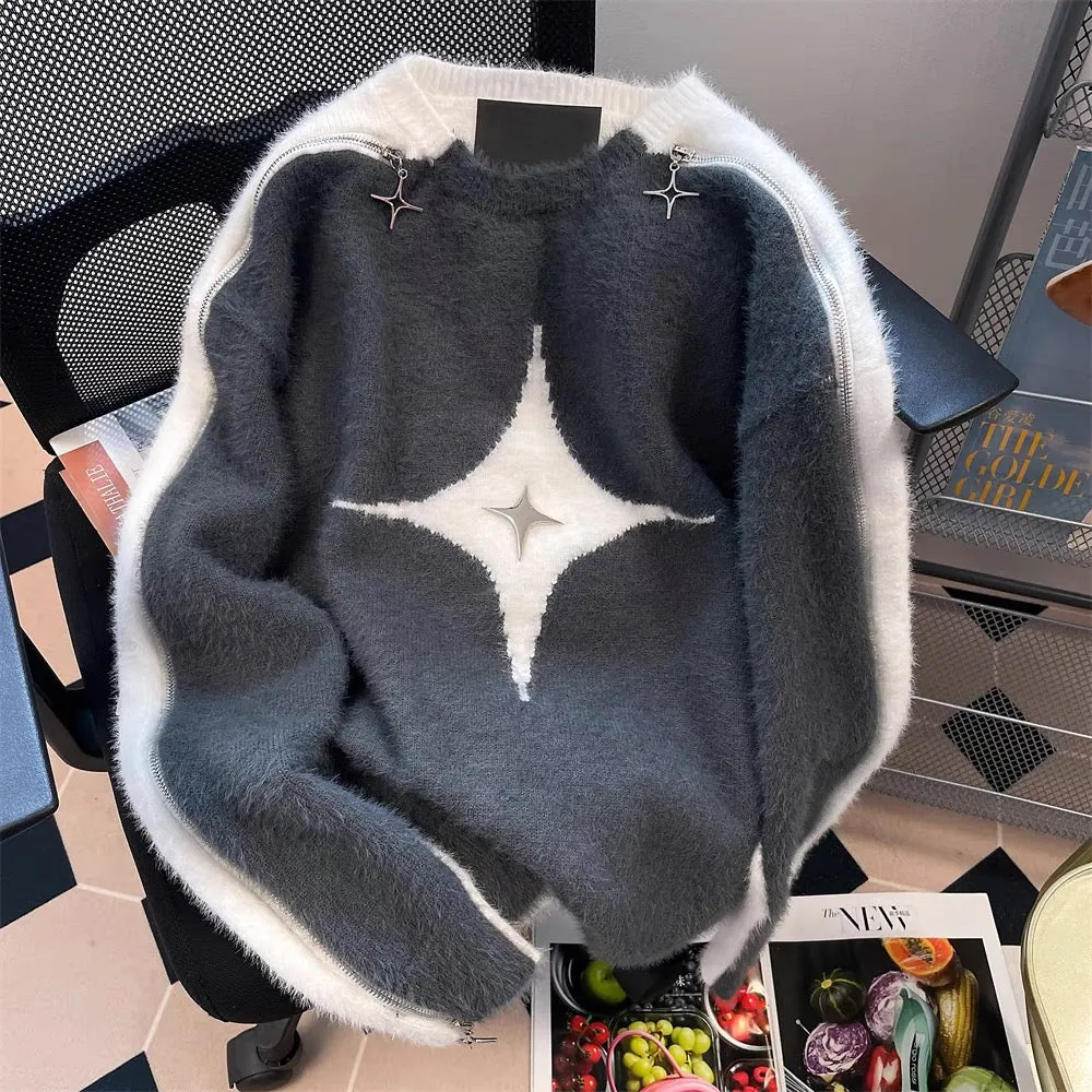 American retro stitching contrast color star zipper off-shoulder sweater for men and women autumn and winter lazy style mohair k