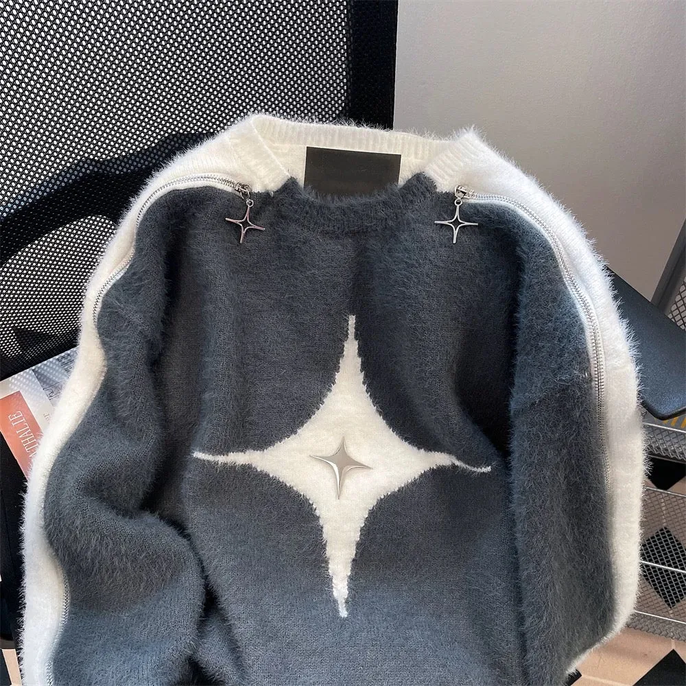 American retro stitching contrast color star zipper off-shoulder sweater for men and women autumn and winter lazy style mohair k