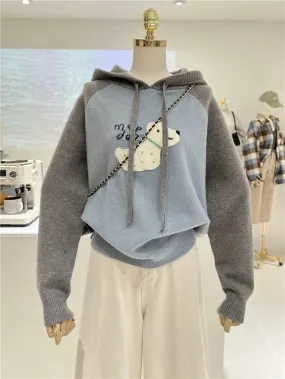 Autumn and winter Korean style niche cartoon three-dimensional puppy warm color matching loose slimming raglan hooded sweater fo