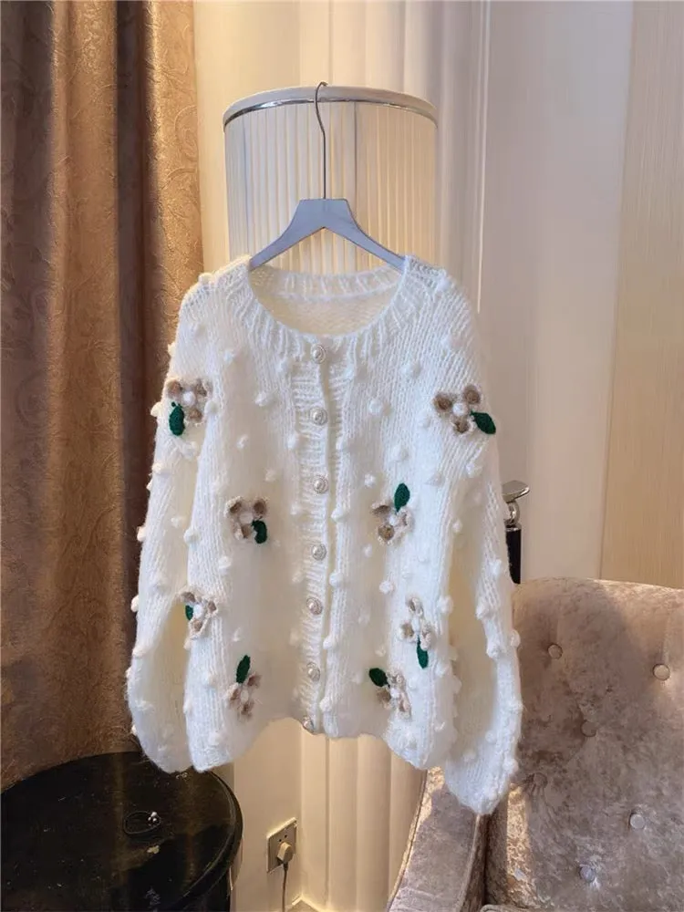 Autumn and winter new retro handmade crochet flower age-reducing sweet three-dimensional heavy industry flower ball cardigan