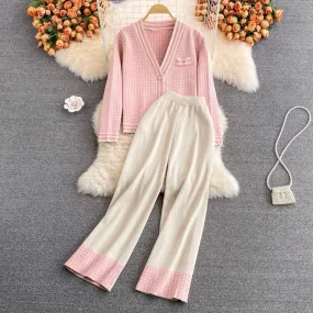 Autumn high-waist slimming wide-leg knitted pants color-blocked casual long pants two-piece suit V-neck knitted cardigan jacket 