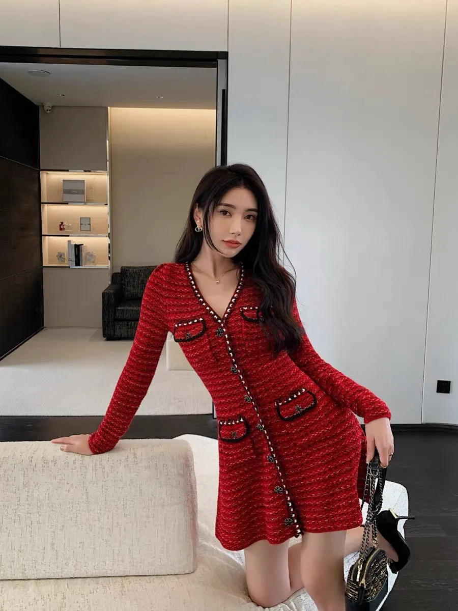 Autumn new Christmas and New Year festive red long-sleeved V-neck knitted cardigan dress dominating sweater umbrella skirt (D169