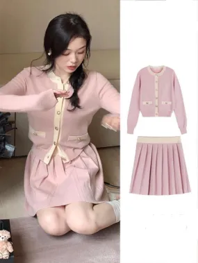 Autumn wear a complete set of pink milk sweater cardigan pleated skirt suit female niche gentle temperament two-piece set