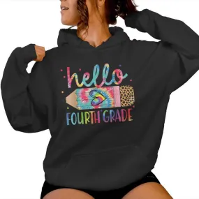 Back To School Hello Fourth 4Th Grade Leopard Tie Dye Pencil Women Hoodie