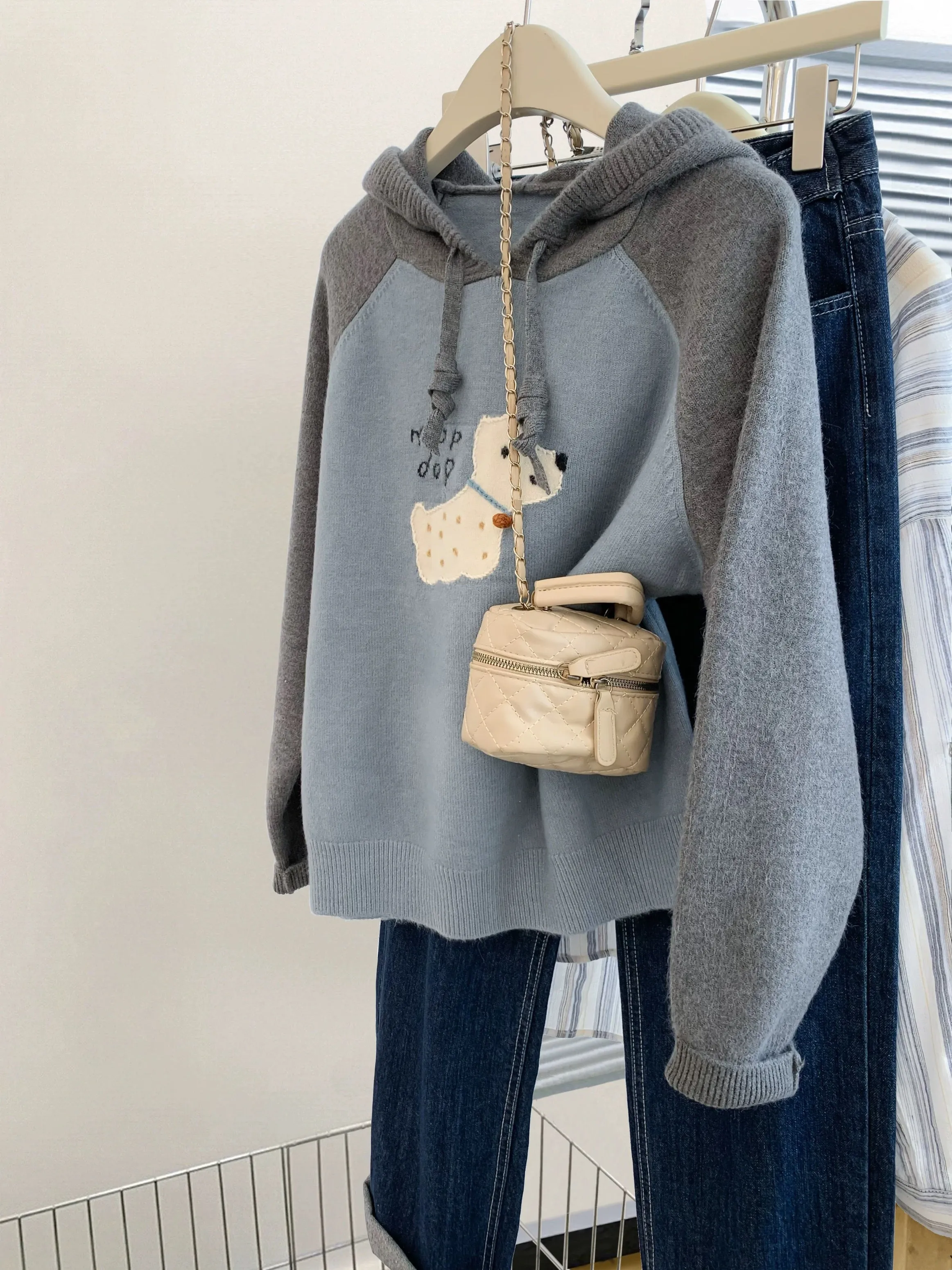 Blue puppy hooded pullover sweater women spring and autumn autumn and winter thick loose small knitted sweater tops 2024 autumn