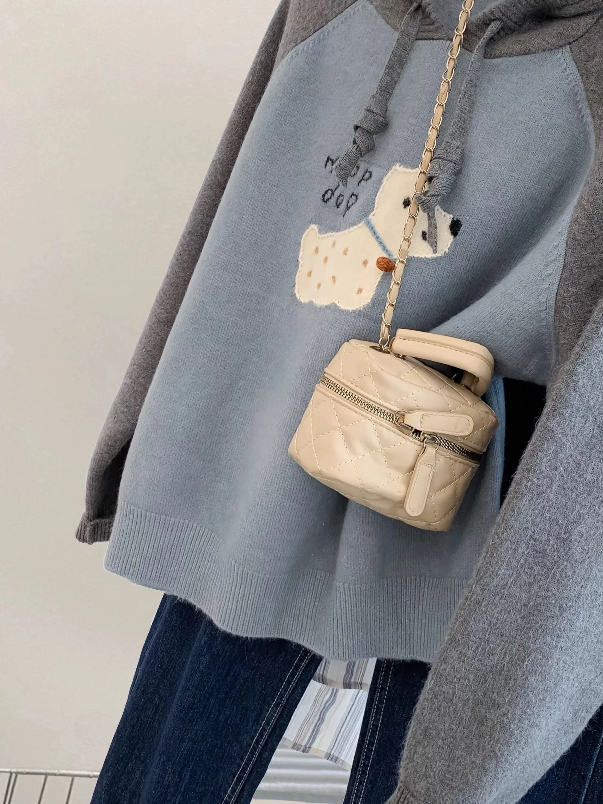 Blue puppy hooded pullover sweater women spring and autumn autumn and winter thick loose small knitted sweater tops 2024 autumn