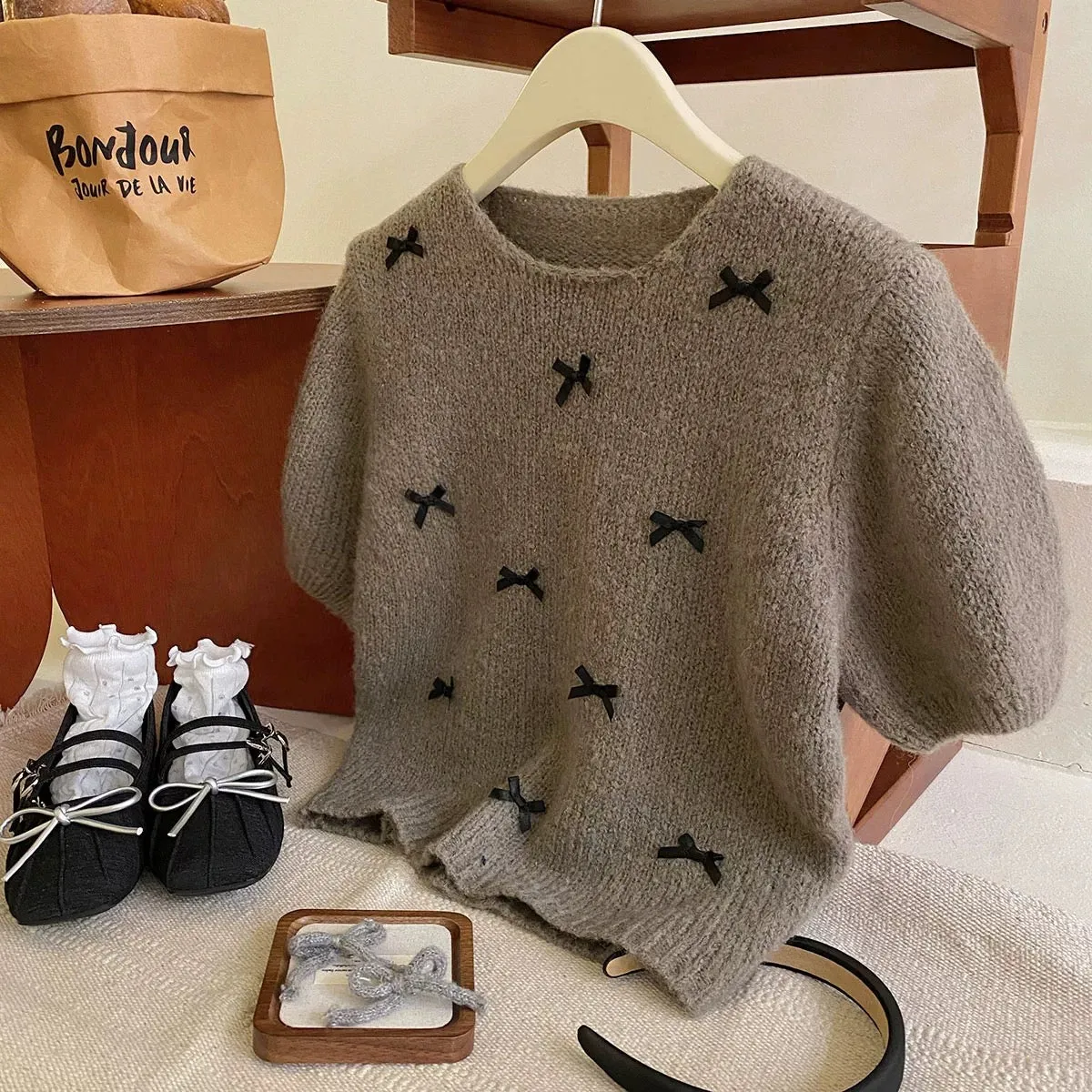 Breast girl gentle little bow short-sleeved sweater for women early spring sweet version soft waxy knitted top