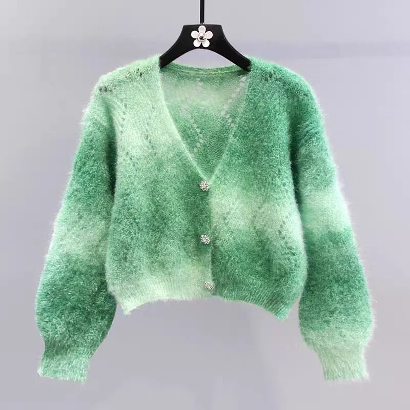 Colorful soft waxy knitted cardigan for women spring 2023 new style loose lazy style short style with hollow sweater jacket