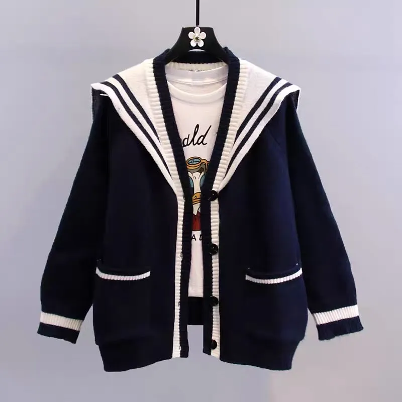 Contrast color navy collar sweater jacket for women autumn and winter 2023 new loose college style foreign style age-reducing kn