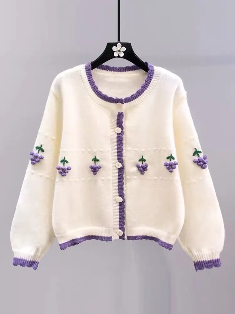 Contrast color three-dimensional grape design sweater jacket for women 2023 new loose college style age-reducing knitted cardiga