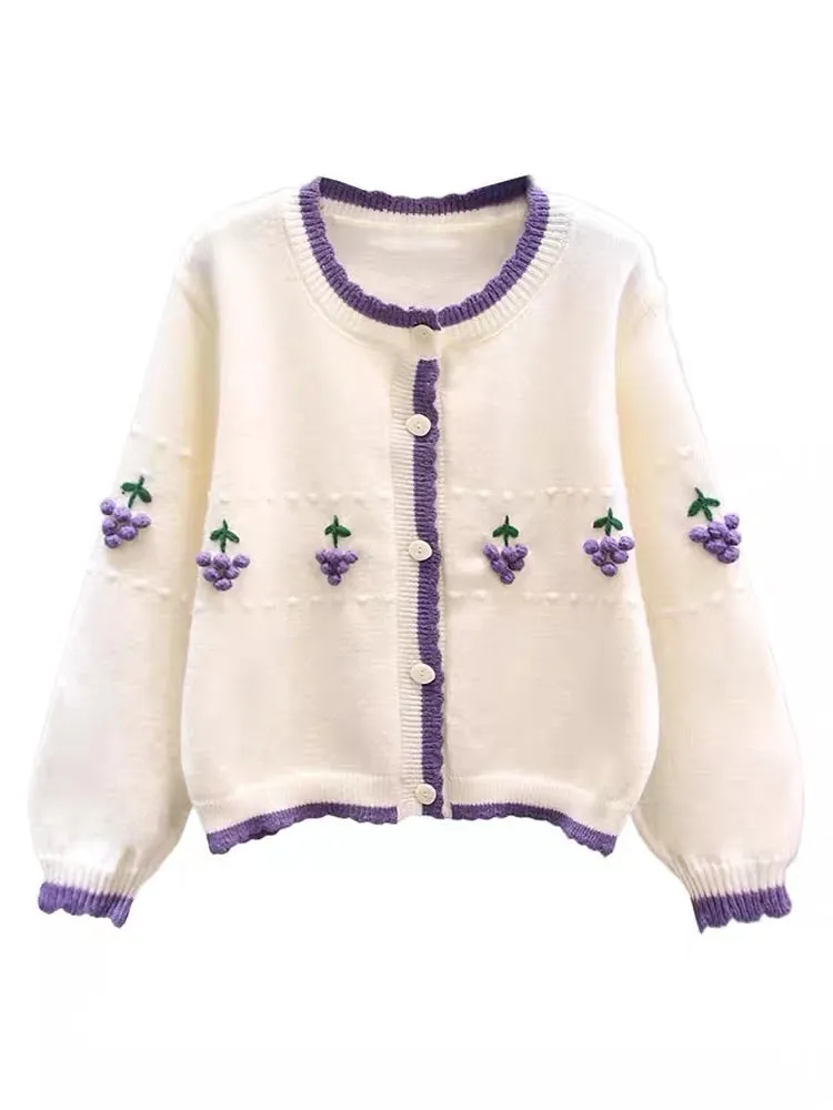 Contrast color three-dimensional grape design sweater jacket for women 2023 new loose college style age-reducing knitted cardiga