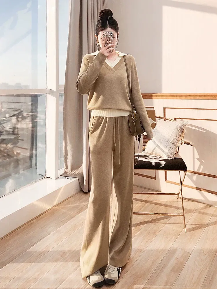 Cool and relaxing outfit set for women 2024 new autumn knitted trousers and sweater suit two-piece autumn and winter set