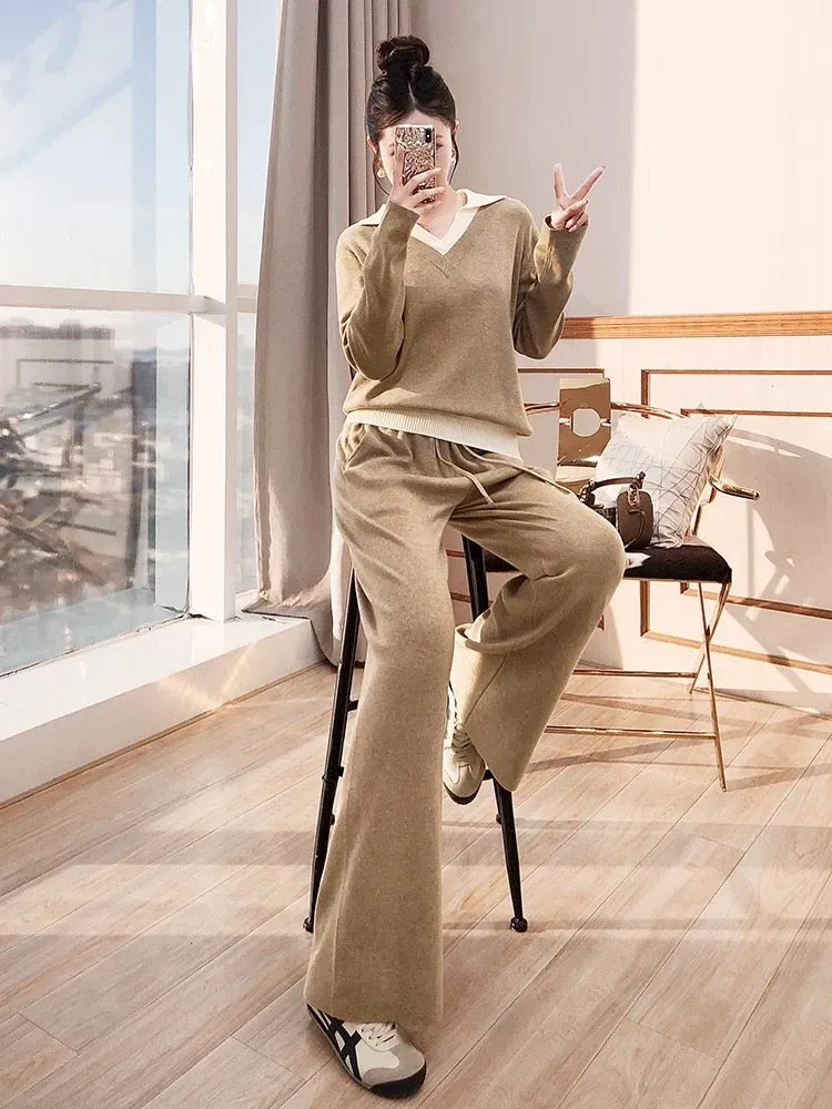 Cool and relaxing outfit set for women 2024 new autumn knitted trousers and sweater suit two-piece autumn and winter set