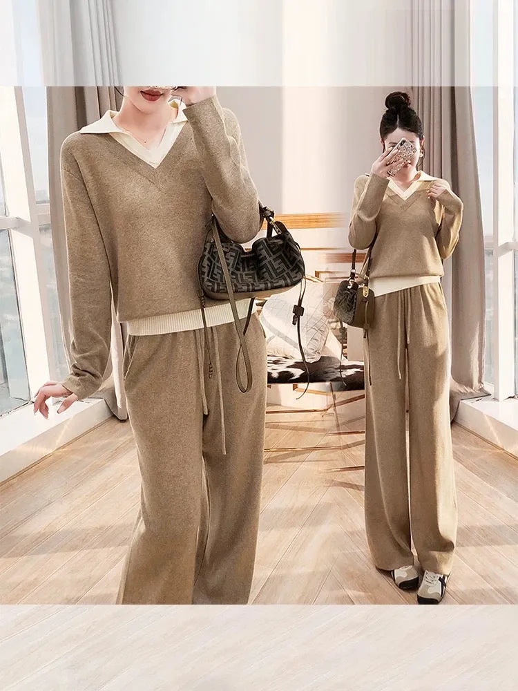 Cool and relaxing outfit set for women 2024 new autumn knitted trousers and sweater suit two-piece autumn and winter set