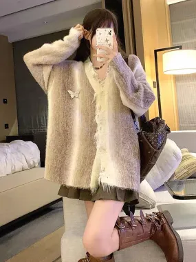 DOPS autumn and winter new mixed color gradient niche high-end butterfly tassel raw edge knitted cardigan sweater women's long s