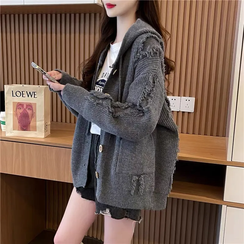 Fashionable design hooded knitted cardigan for women 2023 new autumn versatile Korean style age-reducing sweater jacket (S0617)