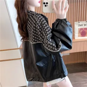 Fashionable design niche stitching leather jacket for women 2023 autumn lazy style Korean style loose cardigan top trend (S0511)