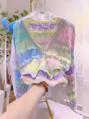 Feather-colored autumn chic and beautiful top design French rainbow gradient loose long-sleeved v-neck knitted cardigan for wome