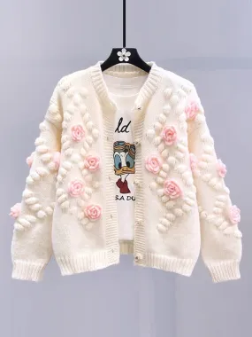 Gentle style design three-dimensional flower sweater cardigan for women autumn and winter 2023 new Japanese loose knitted cardig