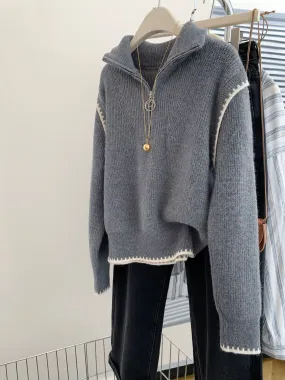 Gray half-zip pullover turtleneck sweater for women 2024 winter shoulder lapel loose lazy style outer sweater