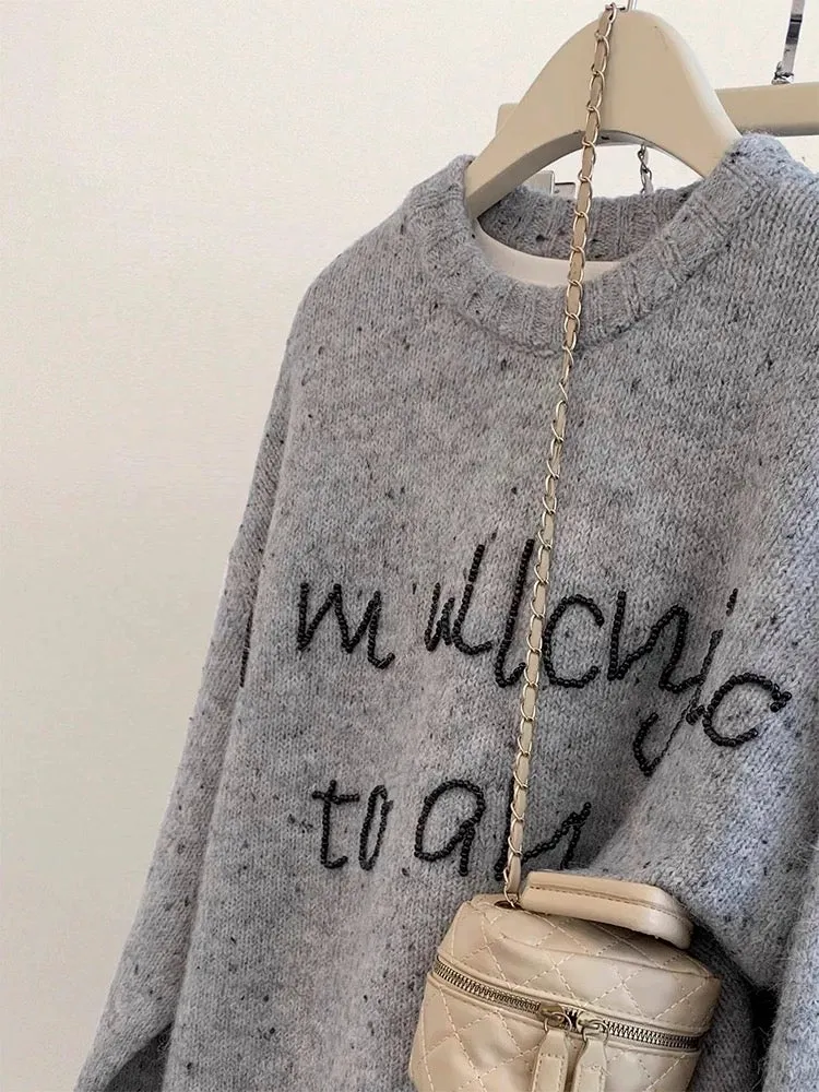 Gray round neck pullover sweater for women in autumn and winter thickened outer wear and inner wear 2024 new loose lazy style to