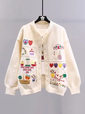 Japanese cartoon retro embroidery sweater jacket female autumn and winter 2023 new loose college style age-reducing knitted card