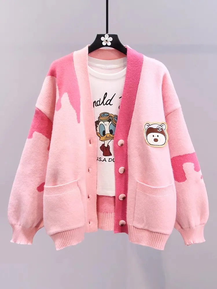 Japanese cartoon sweater cardigan women's jacket autumn and winter 2023 new loose college style age-reducing V-neck knitted top