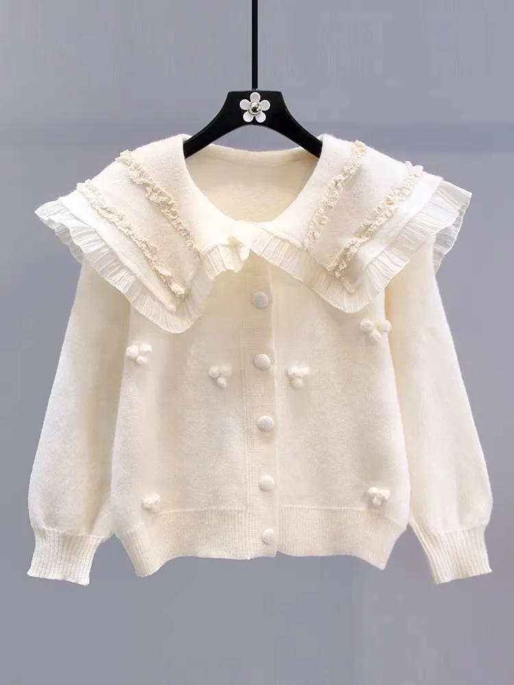 Japanese gentle style doll collar sweater jacket for women autumn and winter 2023 new loose and high-quality age-reducing knitte