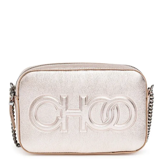 Jimmy Choo Platinum metallic nappa leather embossed logo camera bag