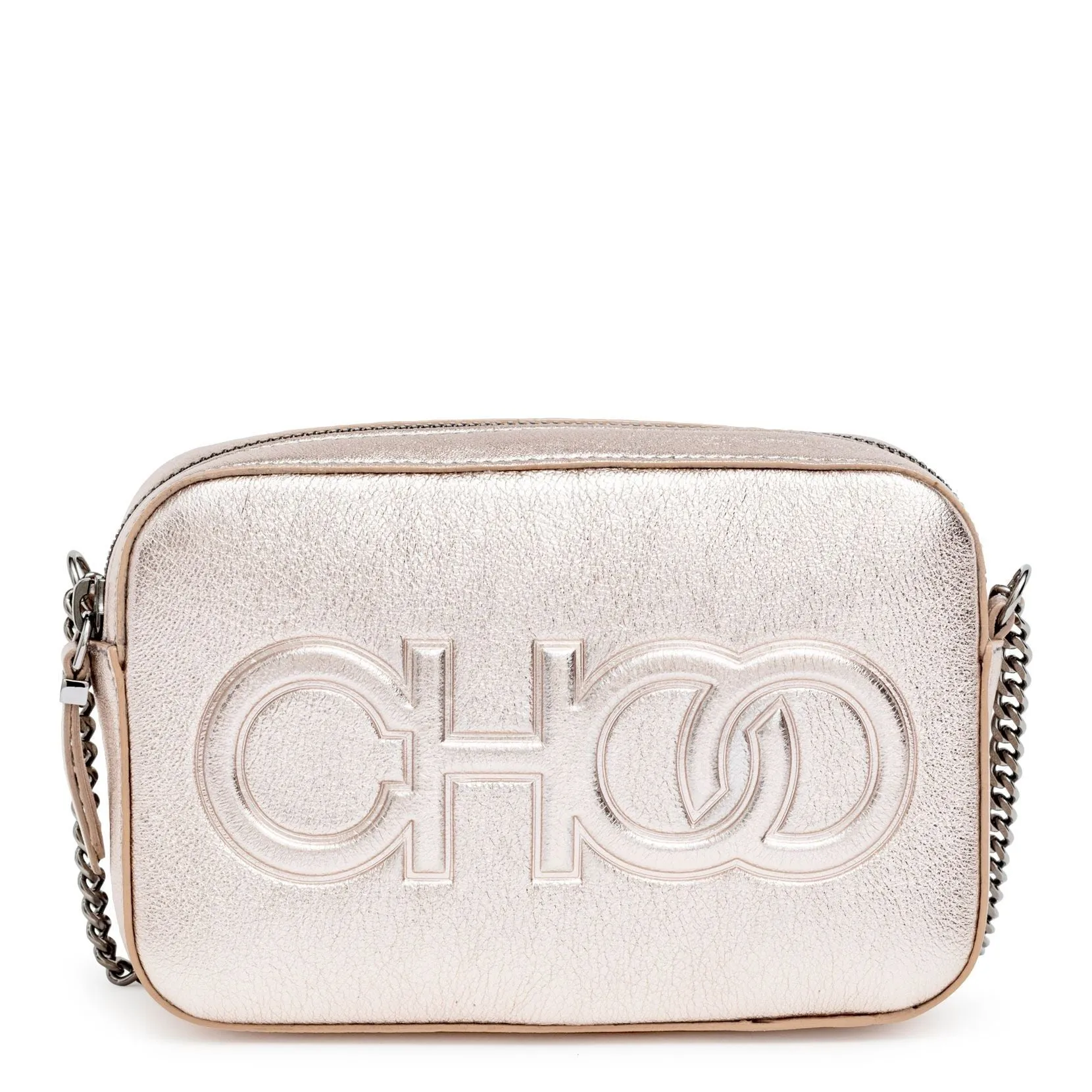 Jimmy Choo Platinum metallic nappa leather embossed logo camera bag