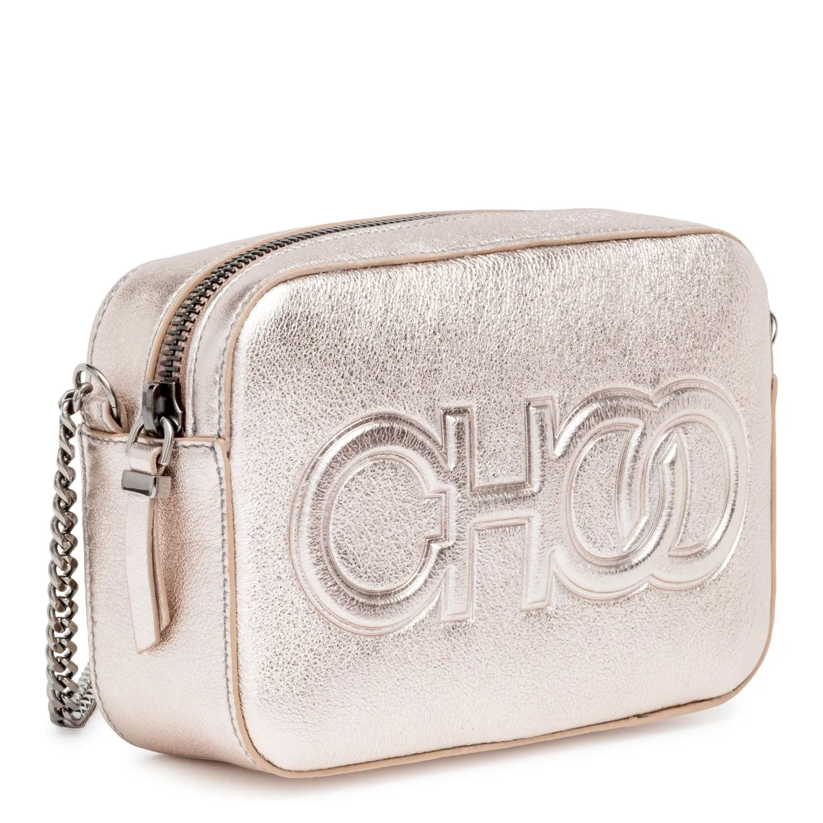 Jimmy Choo Platinum metallic nappa leather embossed logo camera bag