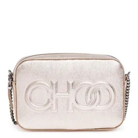 Jimmy Choo Platinum metallic nappa leather embossed logo camera bag