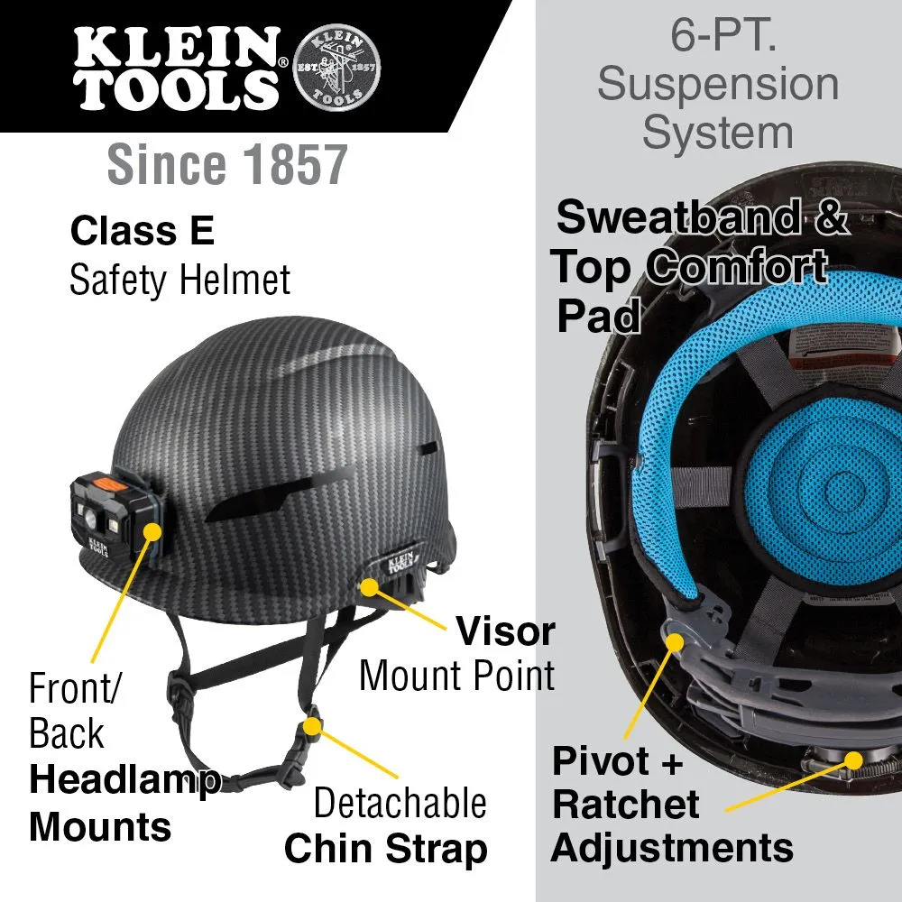 Klein Safety Helmet, Premium KARBN Pattern, Non-Vented, Class E, Headlamp #60515