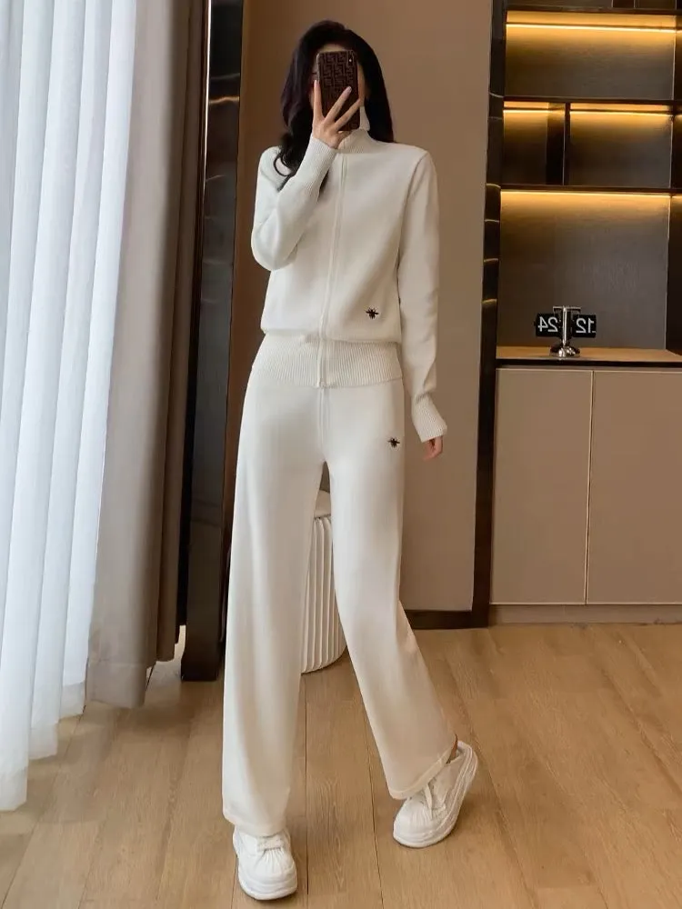 Knitted casual fashion sports age-reducing turtleneck sweater wide-leg pants two-piece suit for women spring and autumn 2024 new