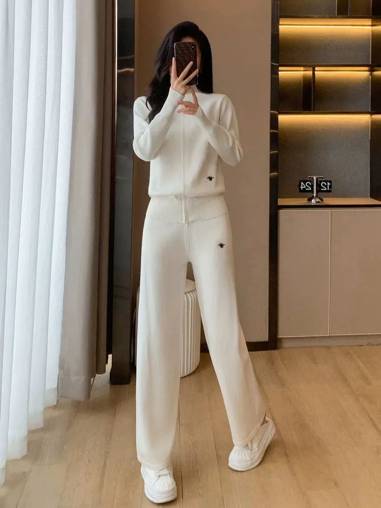 Knitted casual fashion sports age-reducing turtleneck sweater wide-leg pants two-piece suit for women spring and autumn 2024 new