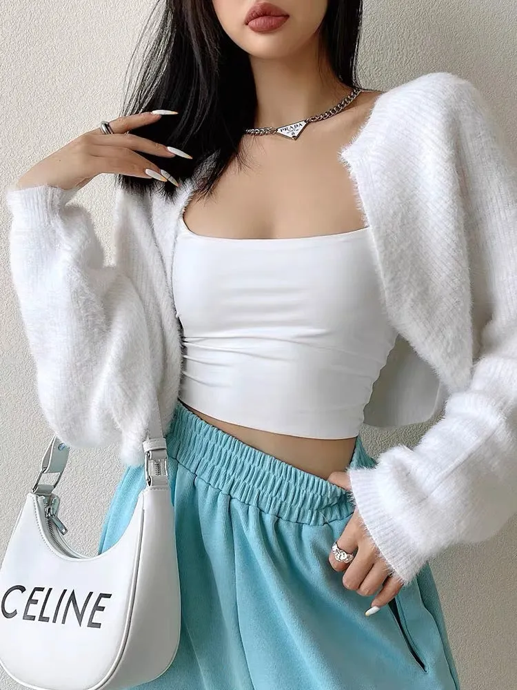 liviahome European and American sweet and spicy apricot wool knitted cardigan women's short outer shawl jacket 2023 autumn (T193