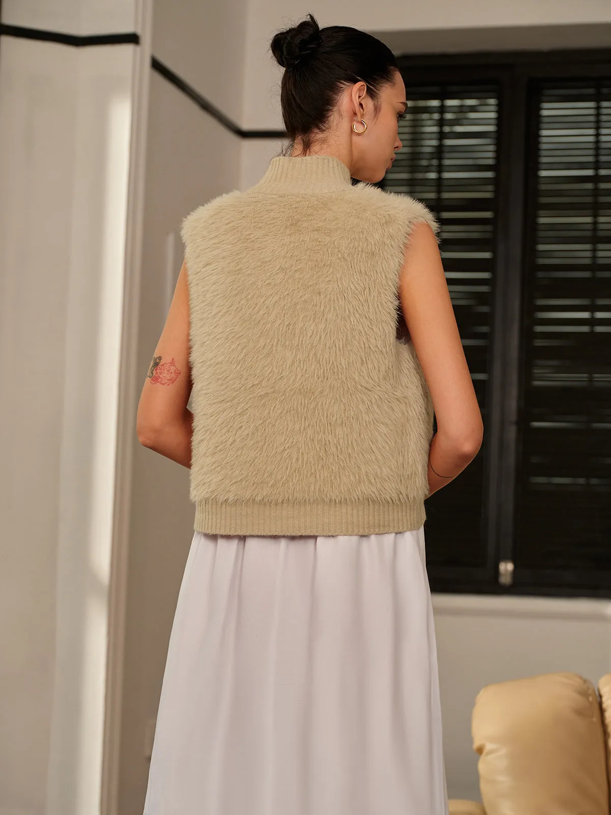 Mock Neck Button Fuzzy Vest