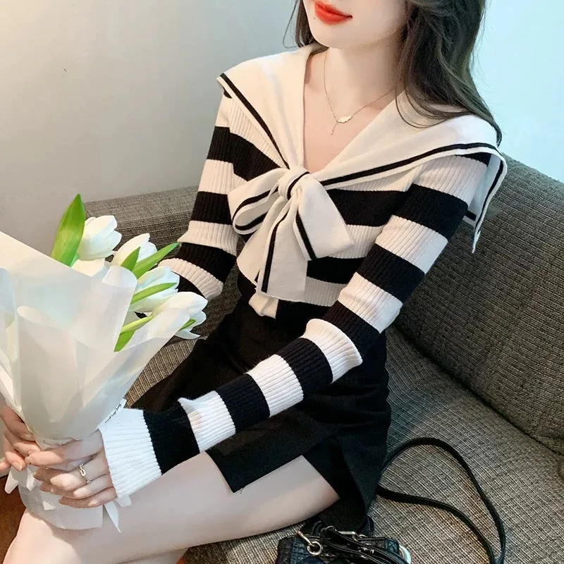 Navy collar sweater autumn women's 2024 new striped sweater long-sleeved tops fashionable and beautiful bottoming shirt