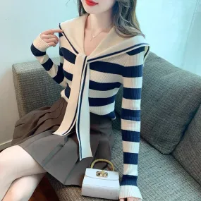 Navy collar sweater autumn women's 2024 new striped sweater long-sleeved tops fashionable and beautiful bottoming shirt