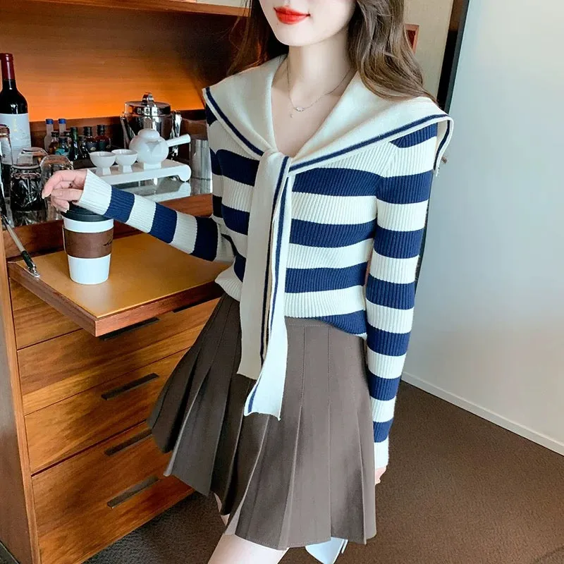 Navy collar sweater autumn women's 2024 new striped sweater long-sleeved tops fashionable and beautiful bottoming shirt