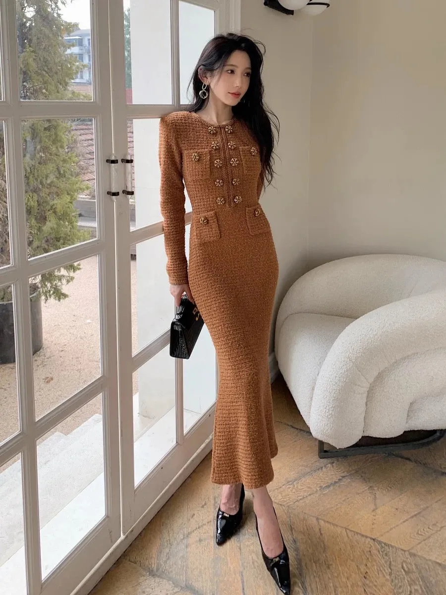 New autumn and winter women's clothing dark brown Yadan style stretch slim long-sleeved dress knitted sweater long skirt