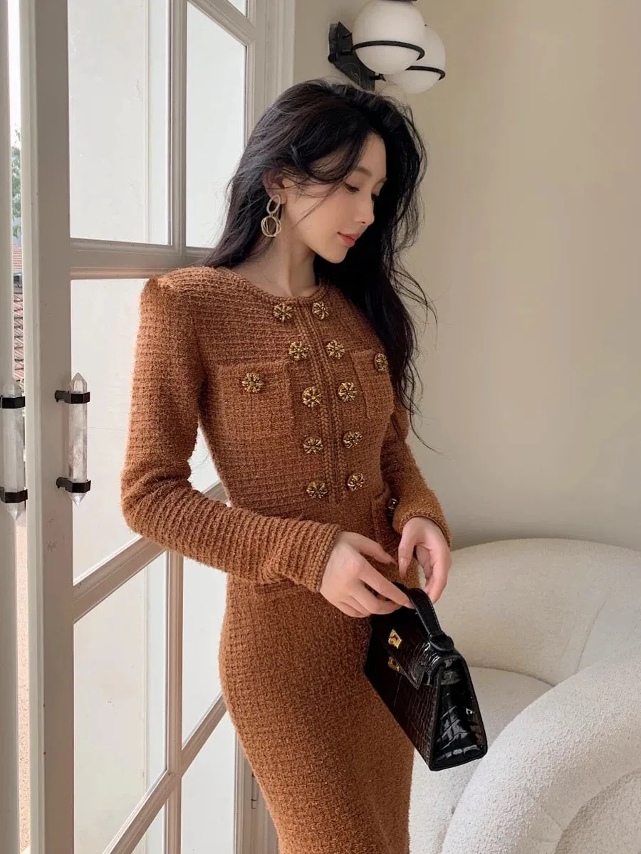 New autumn and winter women's clothing dark brown Yadan style stretch slim long-sleeved dress knitted sweater long skirt