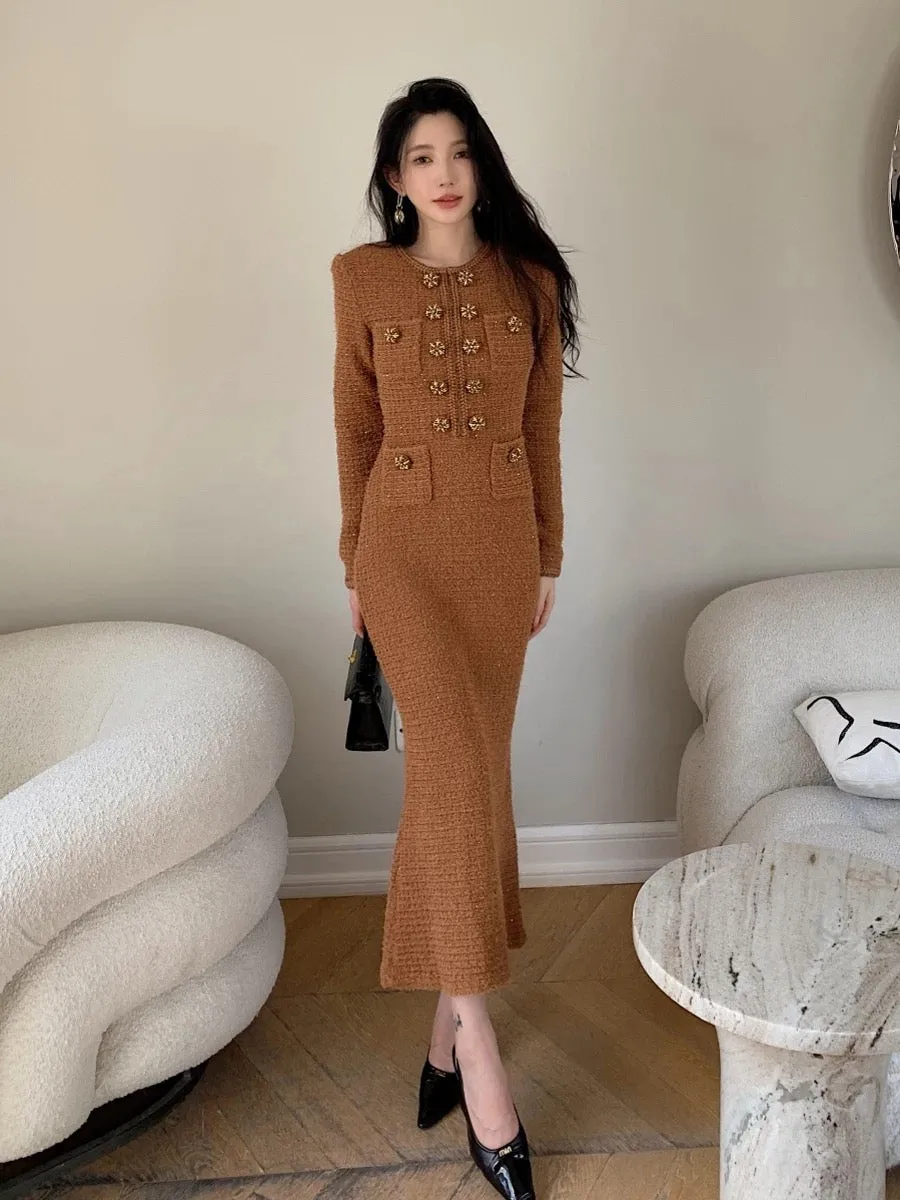 New autumn and winter women's clothing dark brown Yadan style stretch slim long-sleeved dress knitted sweater long skirt