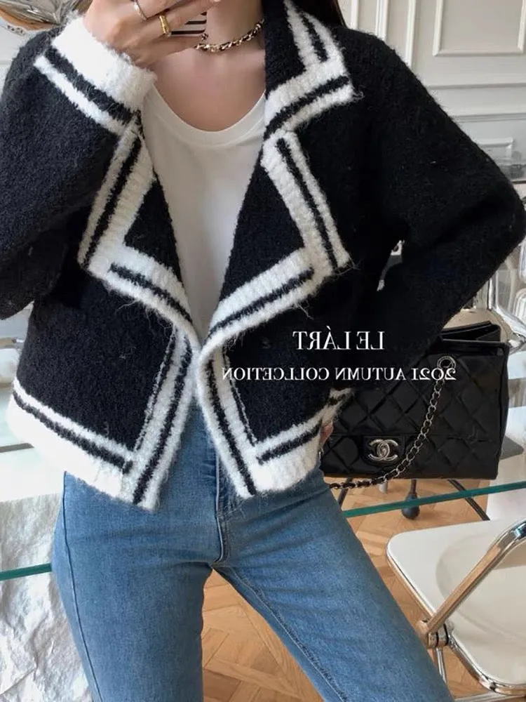 New autumn and winter women's clothing Hong Kong style retro Korean fashion large lapel knitted cardigan small fragrance style c