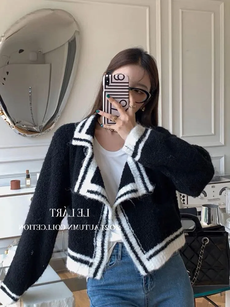 New autumn and winter women's clothing Hong Kong style retro Korean fashion large lapel knitted cardigan small fragrance style c