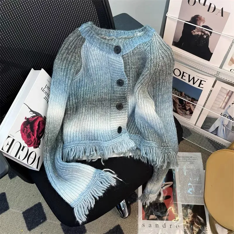 New autumn clothing, rainbow-colored tassel knitted cardigan, women's lazy style loose sweater, design long-sleeved jacket top