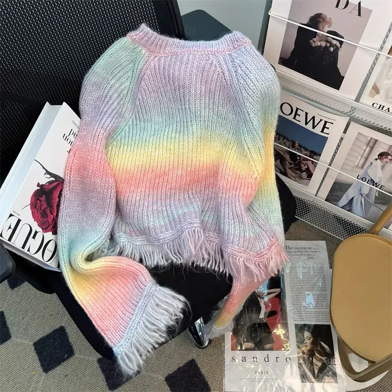 New autumn clothing, rainbow-colored tassel knitted cardigan, women's lazy style loose sweater, design long-sleeved jacket top