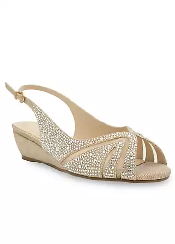 Paradox London Champagne Wide Fit Glitter Sling Back Wedge Sandals | Grattan