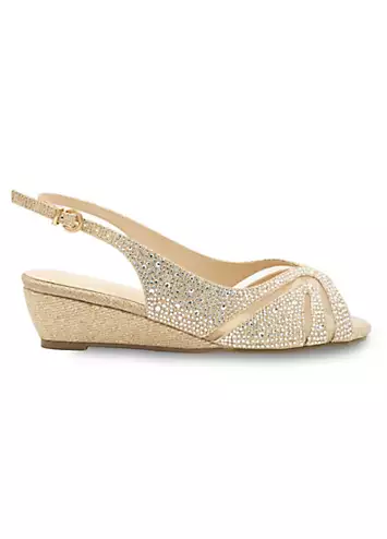 Paradox London Champagne Wide Fit Glitter Sling Back Wedge Sandals | Grattan